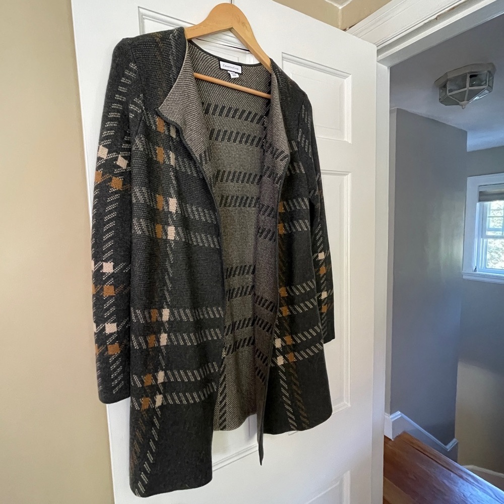 Charter Club Grey/Brown/Cream Plaid Long Cardigan size M